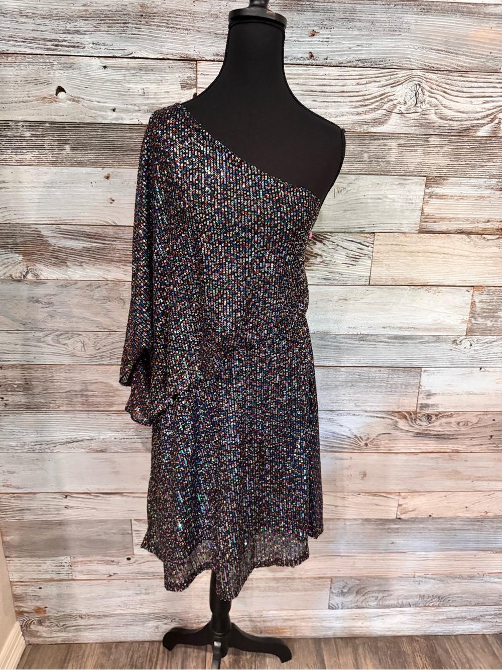 NWT One-Shoulder Black Multicolor Sequin Cocktail Dress